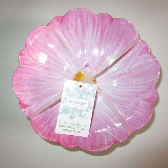 Shabby Chic Set Of 4 Peony Pink Flower Shaped Bowls Melamine 6.5" New - Picture 2 of 3